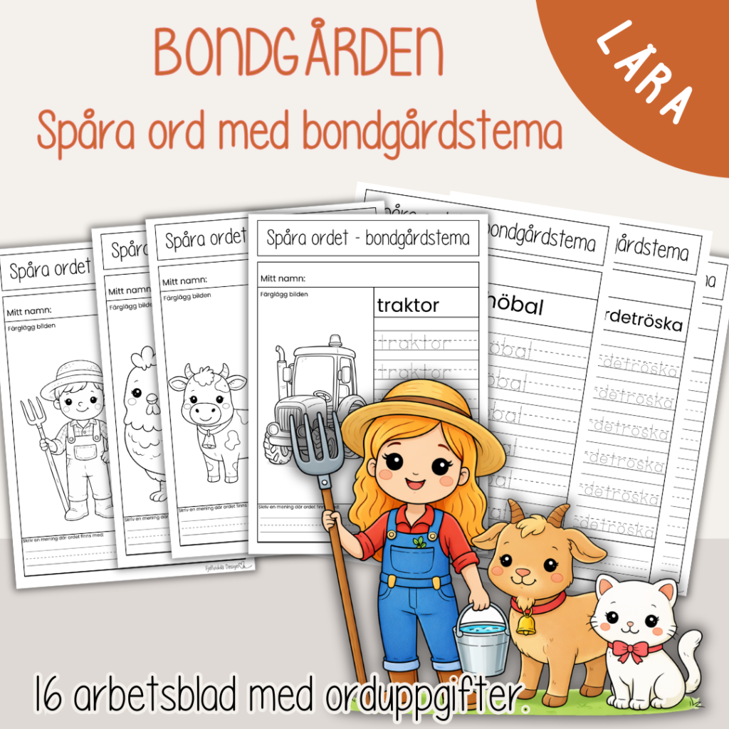 Bondgården – Spåra ord med bondgårdstema – 16 arbetsblad med olika ord