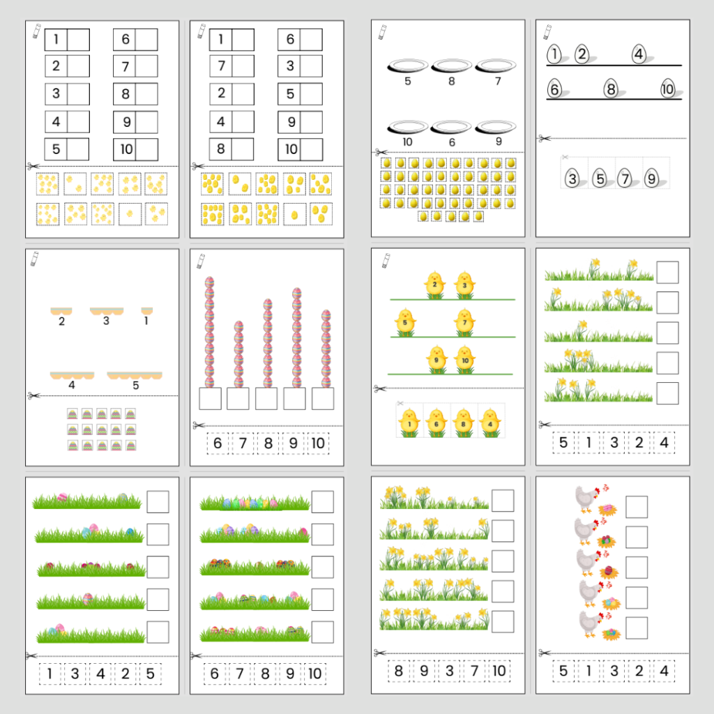 Påsk. Räkna till 10, klippövningar