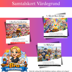 Samtalskort Värdegrund Rocka sockorna– 10 frågor som skapar lugna och meningsfulla samtal på fritids två A5 bilder på ett A4