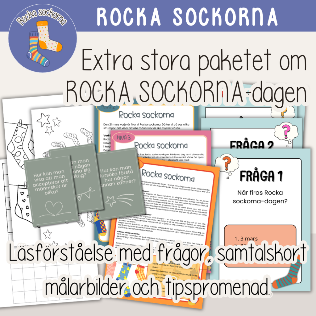 Rocka sockorna – Extra stora paketet – Läsförståelse, tipspromenad och målarbilder.