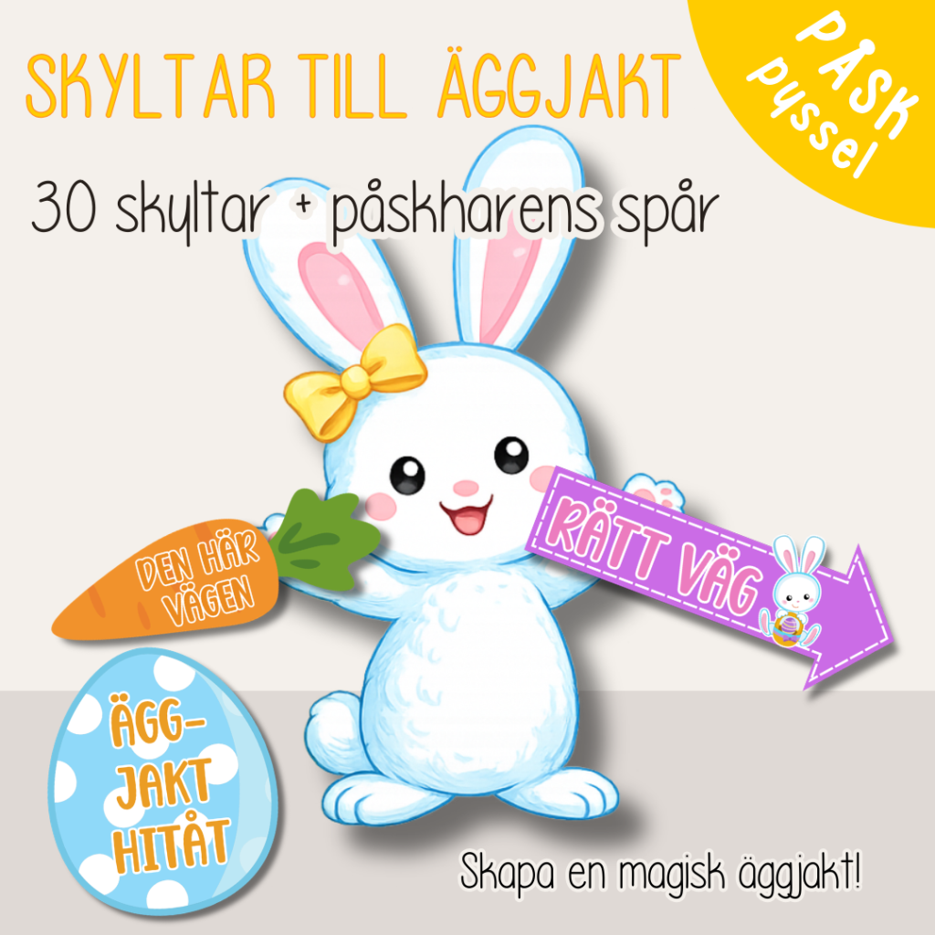 Äggjakt – skyltar och påskharens spår att skriva ut (30 skyltar)