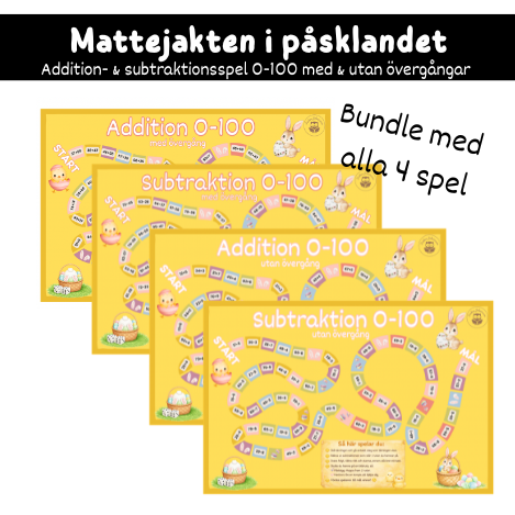 Mattejakten i påsklandet – bundle med 4 addition- & subtraktionspel 0-100 med och utan övergångar
