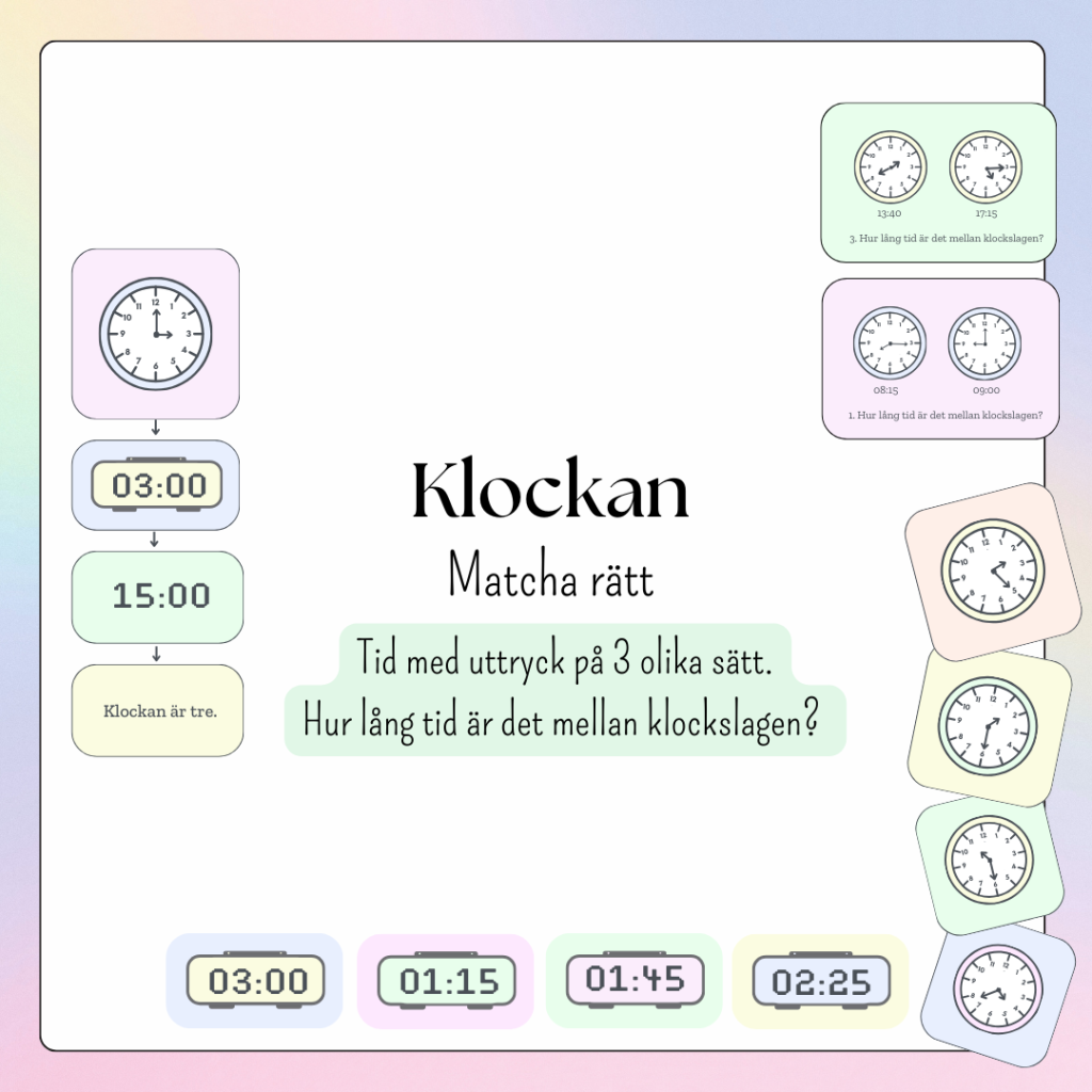 Klockan – på tre olika sätt, + tid mellan olika klockslag