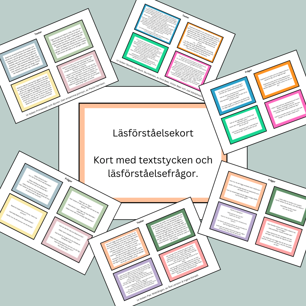 Läsförståelse-memory: Kort med textstycken och frågor.