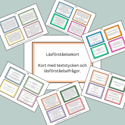 Läsförståelse-memory: Kort med textstycken och frågor.