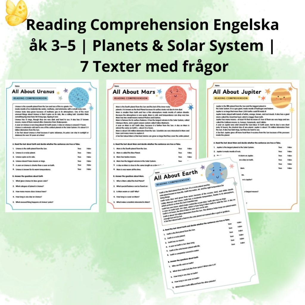 Reading Comprehension Engelska åk 3–5 | Planets & Solar System | 7 Texter med frågor