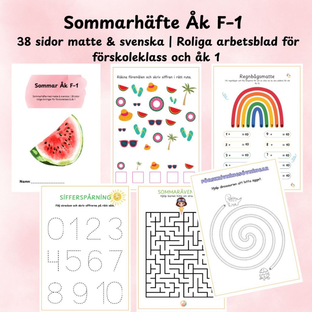 Sommarhäfte Åk F–1 – 38 sidor matte & svenska | Roliga arbetsblad för förskoleklass och åk 1