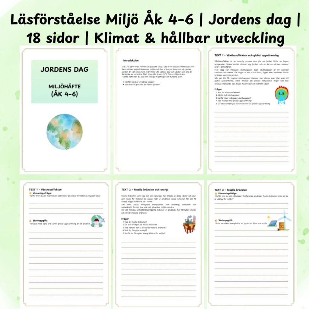 Läsförståelse Miljö Åk 4–6 | Jordens dag | 18 sidor | Klimat & hållbar utveckling