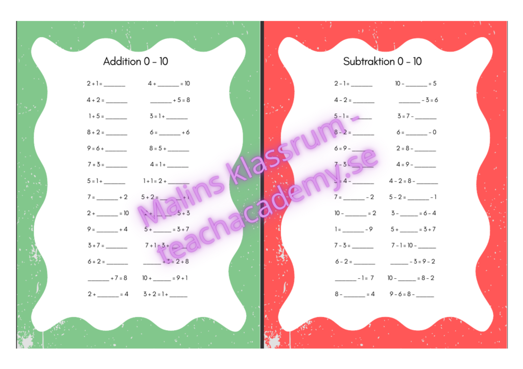 Addition & subtraktion 0-10 – öppna utsagor