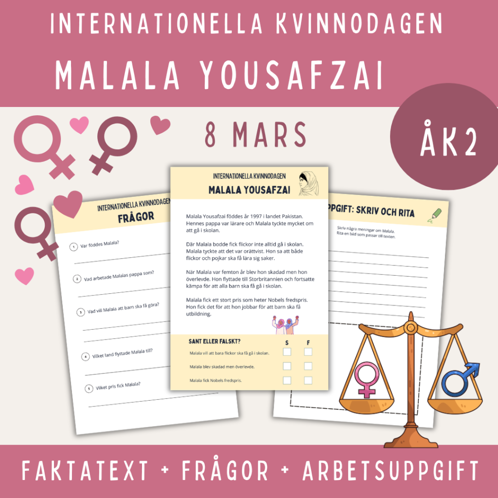 Internationella kvinnodagen, Malala och flickors rätt att gå i skolan, åk 2