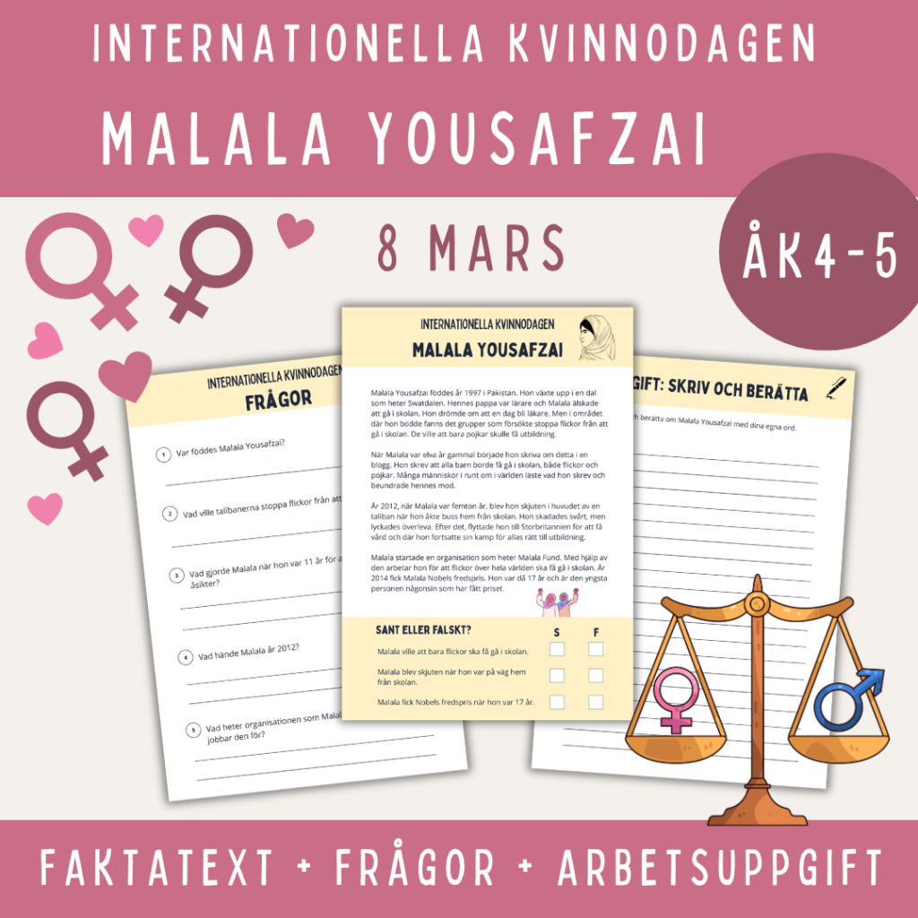 Internationella kvinnodagen – läs om Malala och hennes kamp om flickors rätt att gå i skolan, åk 4-5