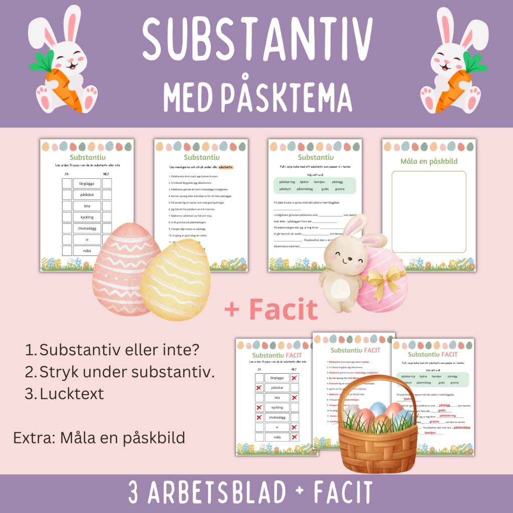 Substantiv med påsk-tema, 4 arbetsblad med facit