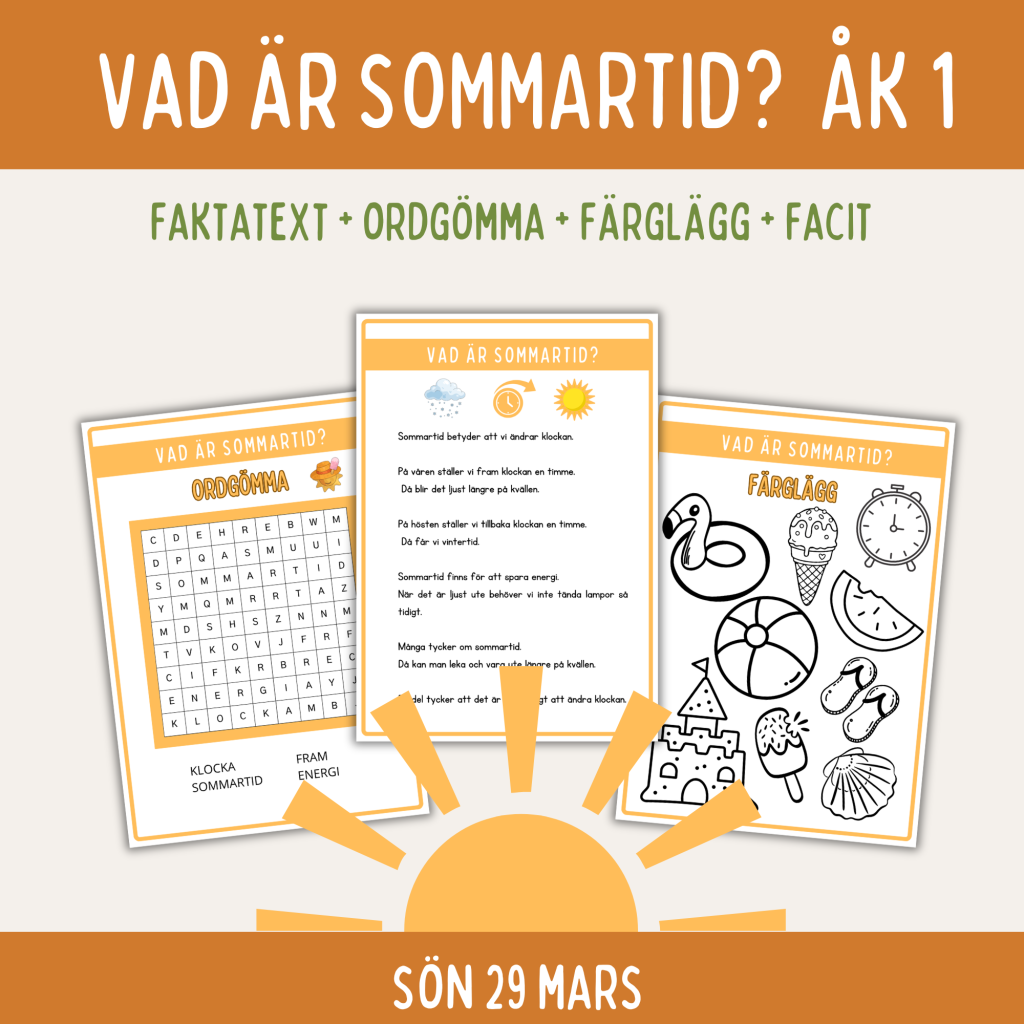 Sommartid, faktablad med arbetsuppgifter för åk 1