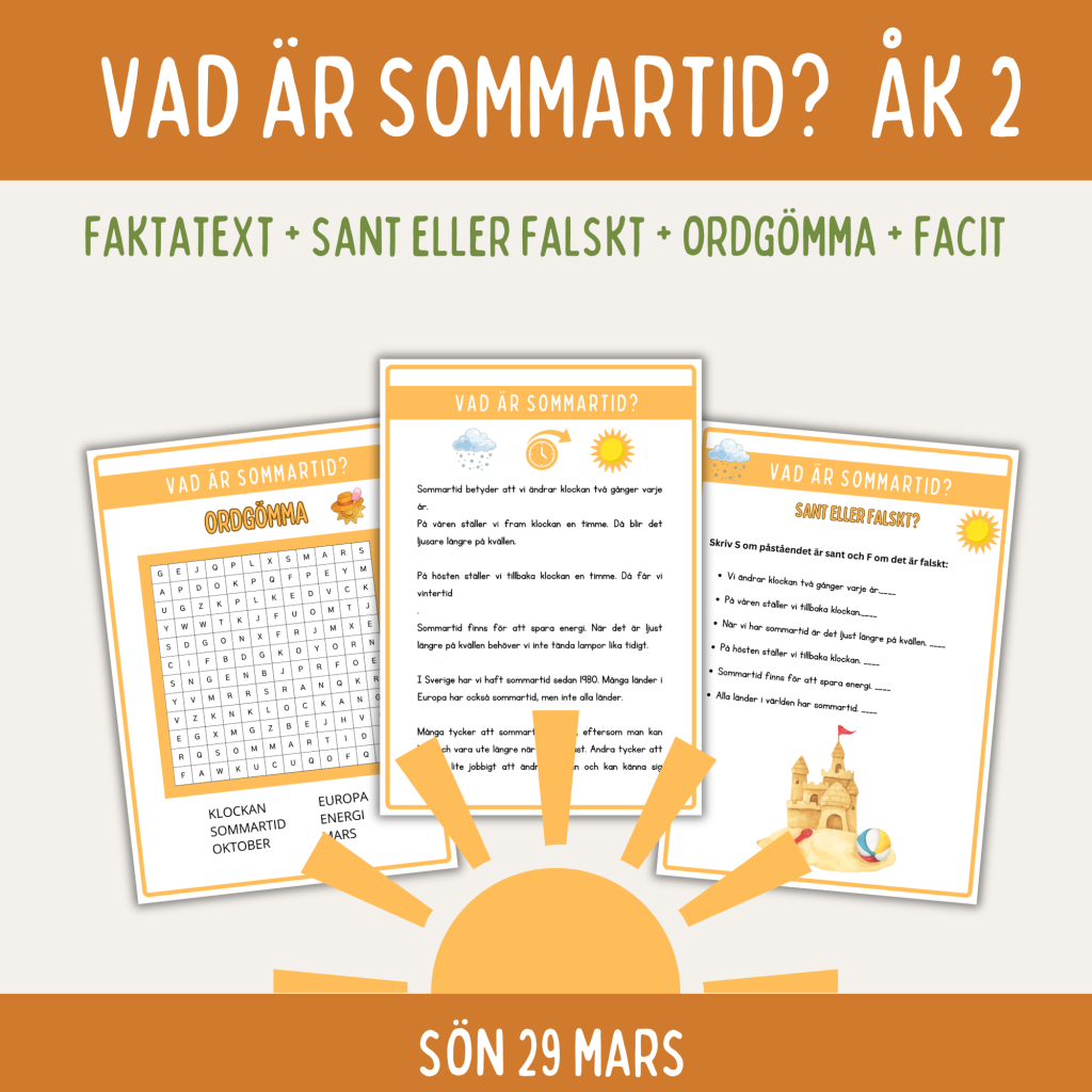 Sommartid, faktablad med arbetsuppgifter för åk 2