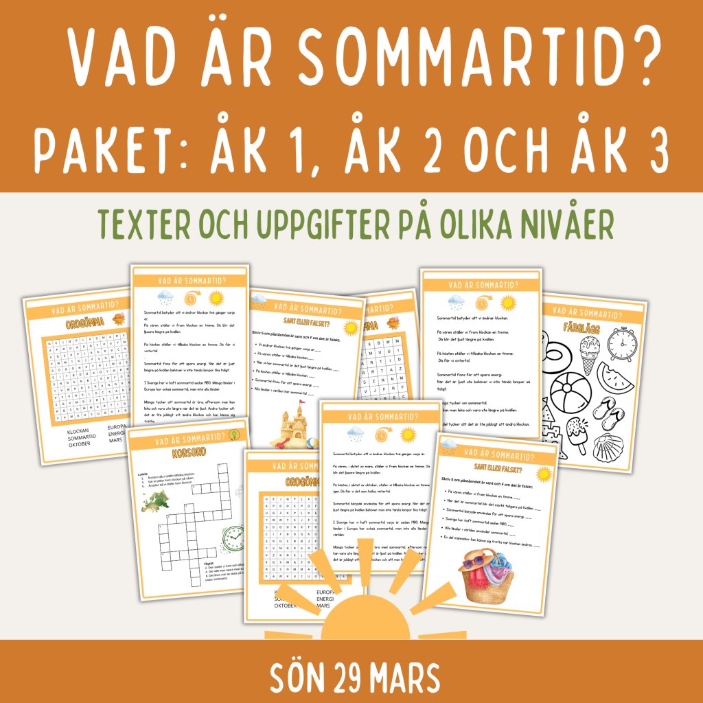 Sommartid, faktablad och arbetsuppgifter i olika nivåer för lågstadiet