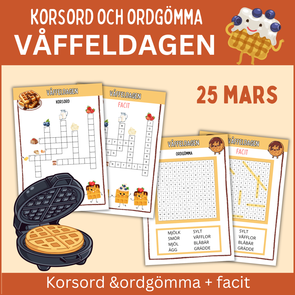 Våffeldagen, korsord och ordgömma med facit