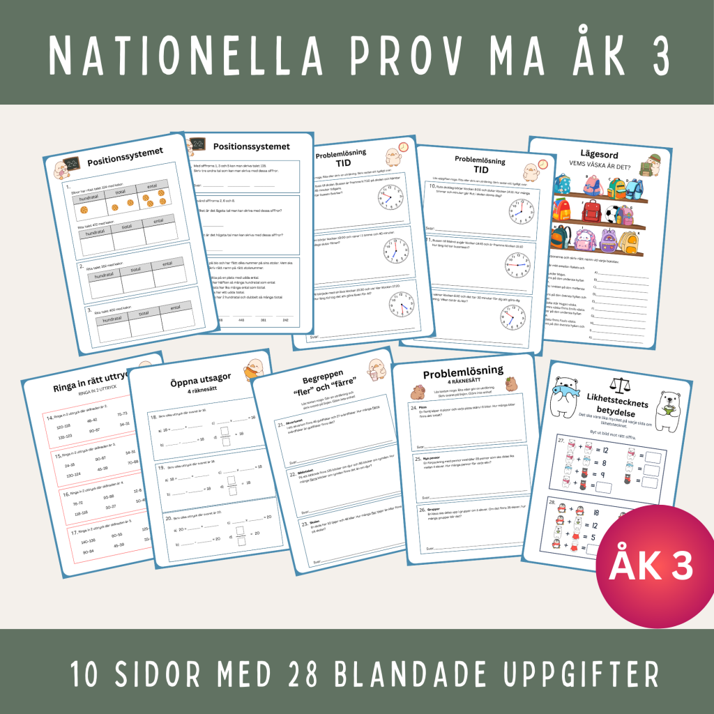 Öva inför nationella proven MA åk 3, 10 sidor blandade uppgifter