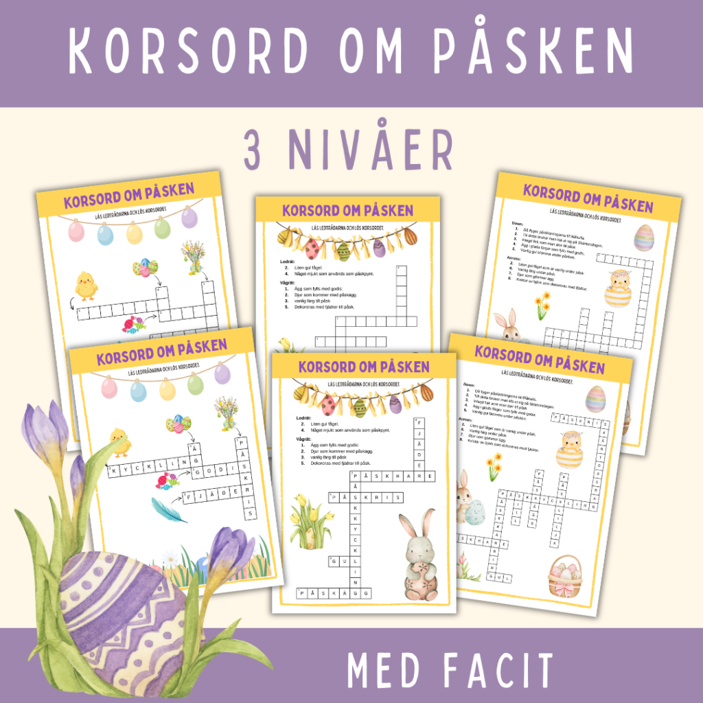 Korsord om påsken i 3 nivåer med facit