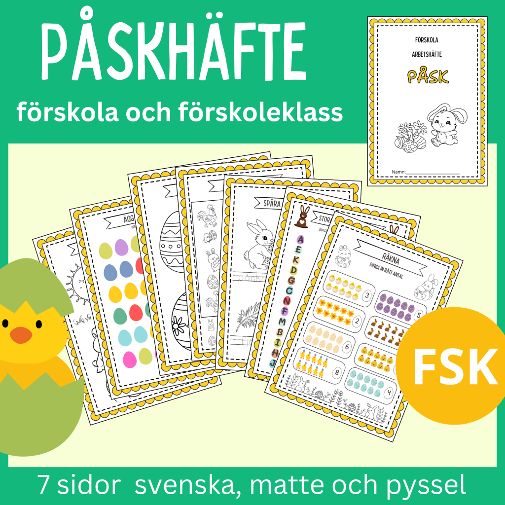 Påsk-häfte förskola och förskoleklass, 7 sidor svenska, matte och pyssel