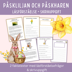 Påsklilja & påskhare - faktatext med läsförståelse- och skrivuppgift, 6 sidor