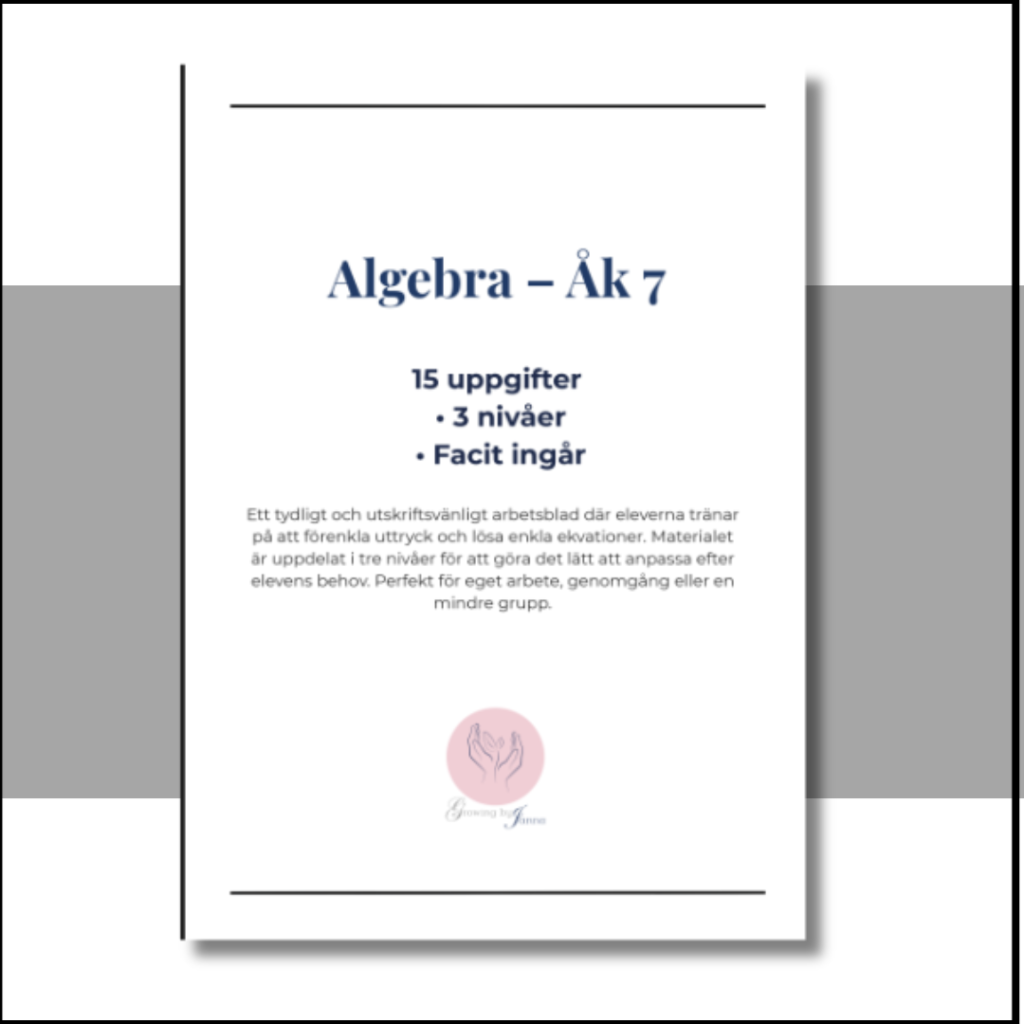 Algebra – Åk 7 (Del 1) 15 uppgifter • 3 nivåer • Facit ingår
