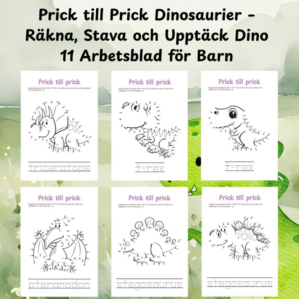 Prick till Prick Dinosaurier – Räkna, Stava och Upptäck Dino | 11 Arbetsblad för Barn