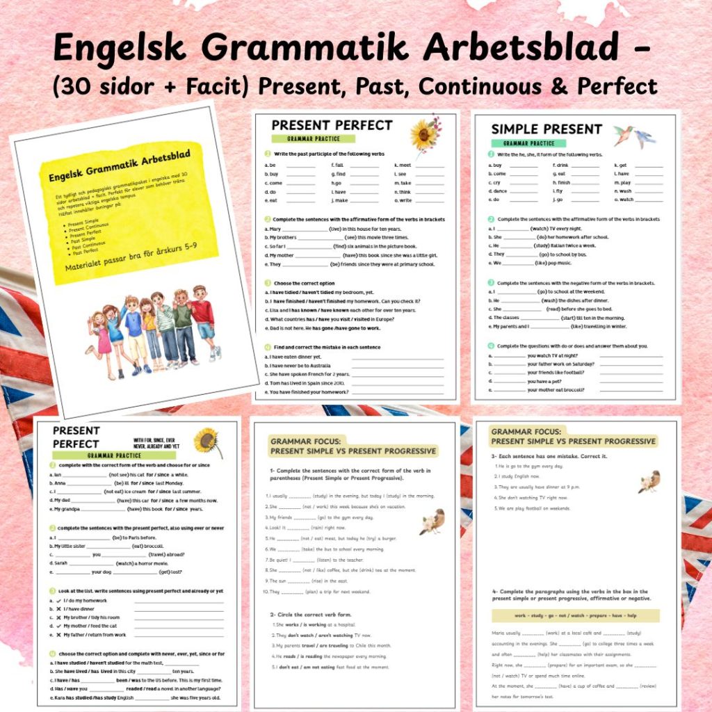 Engelsk Grammatik Arbetsblad | English Grammar Worksheets (30 sidor + Facit)