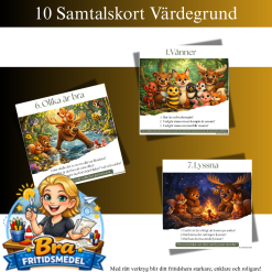 Samtalskort Värdegrund – 10 frågor som skapar lugna och meningsfulla samtal på fritids Skogens vänner två A5 bilder på ett A4