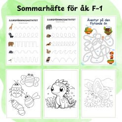 Sommarhäfte för åk F–1 – 20 sidor med matte & svenska (läs, färglägg, klipp & klistra)