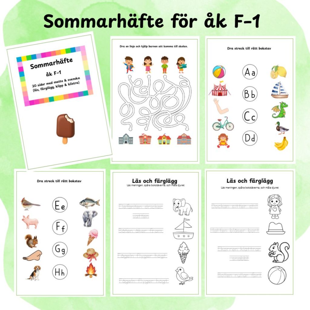 Sommarhäfte för åk F–1 – 20 sidor med matte & svenska (läs, färglägg, klipp & klistra)