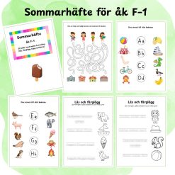 Sommarhäfte för åk F–1 – 20 sidor med matte & svenska (läs, färglägg, klipp & klistra)