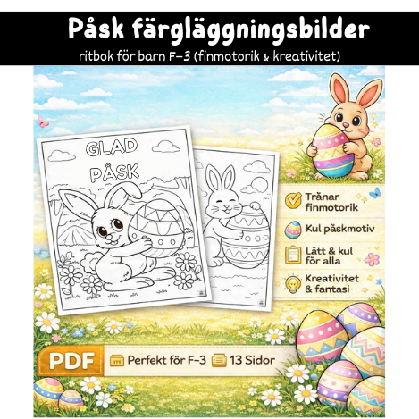 Påsk färgläggningsbilder – ritbok för barn F–3 (finmotorik & kreativitet)