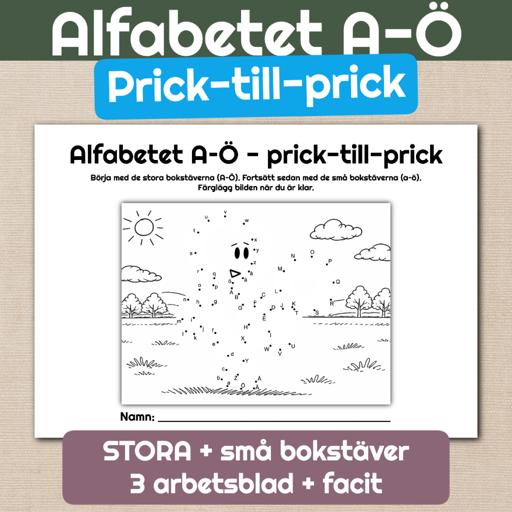 Alfabetet A–Ö – Prick-till-prick (STORA + små bokstäver)