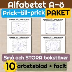 Alfabetet A–Ö – Prick-till-prick (PAKET med 10 uppgifter + facit)
