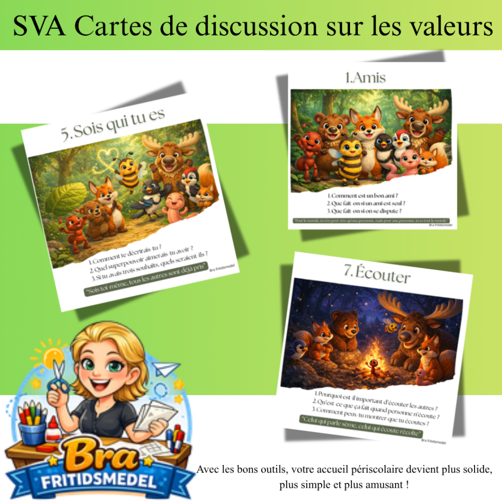 Français Cartes de discussion – Valeurs: 10 questions pour créer des échanges calmes et enrichissants en accueil périscolaire Amis de la forêt Deux images A5 sur une feuille A4