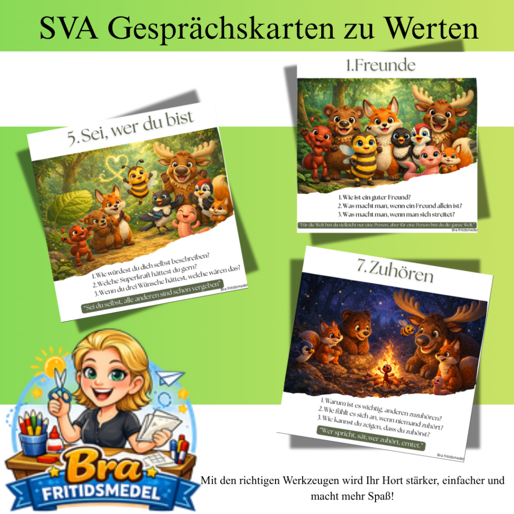 Deutsch Gesprächskarten – Werte: 10 Fragen für ruhige und bedeutungsvolle Gespräche im Hort Waldfreunde Zwei A5-Bilder auf einem A4-Blatt