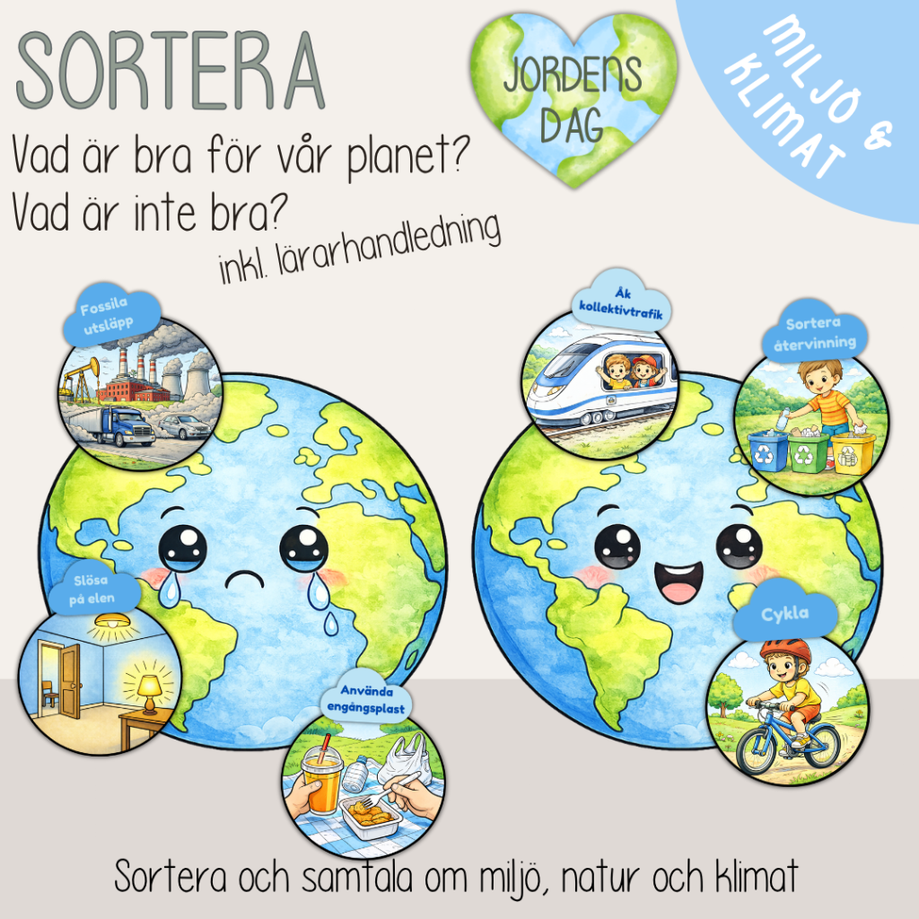 Jordens dag – Earth day – Sorteringsövning – vad är bra och dåligt för planeten