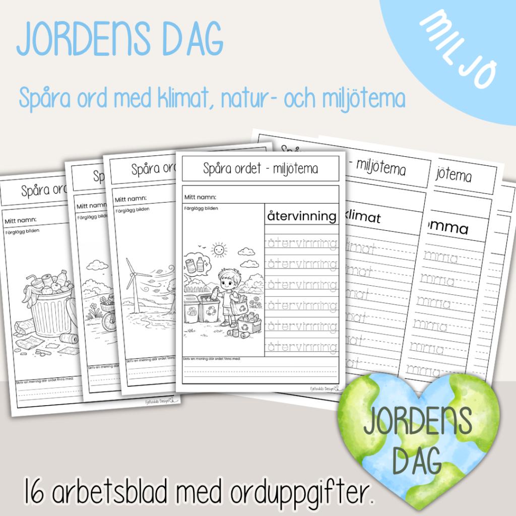 Jordens dag – Spåra ord med tema natur, miljö och klimat – 16 arbetsblad med olika ord