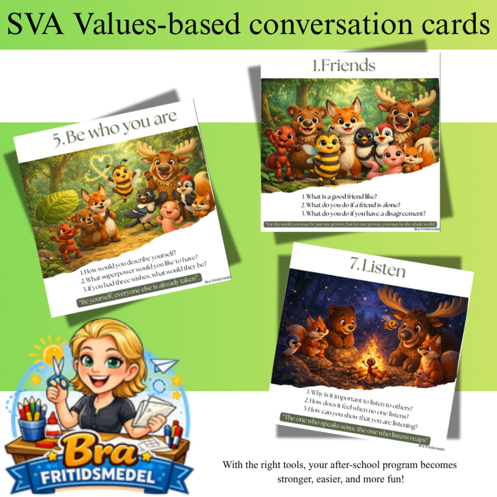 English Conversation pictures – Core values: 10 questions that create calm and meaningful conversations in after-school programs Forest friends on one A4 sheet