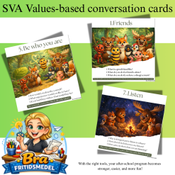 English Conversation pictures – Core values: 10 questions that create calm and meaningful conversations in after-school programs Forest friends on one A4 sheet