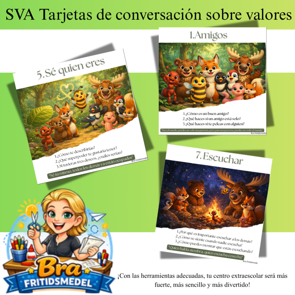Español Tarjetas de conversación – Valores fundamentales: 10 preguntas que crean conversaciones tranquilas y significativas en actividades extraescolares Amigos del bosque Dos imágenes hoja A4