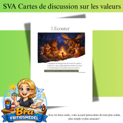 Français Cartes de discussion – Valeurs: 10 questions pour créer des échanges calmes et enrichissants en accueil périscolaire Amis de la Forêt. Format A4.