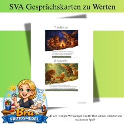Deutsch Gesprächskarten – Werte: 10 Fragen für ruhige und bedeutungsvolle Gespräche im Hort Waldfreunde Zwei A5-Bilder auf einem A4-Blatt