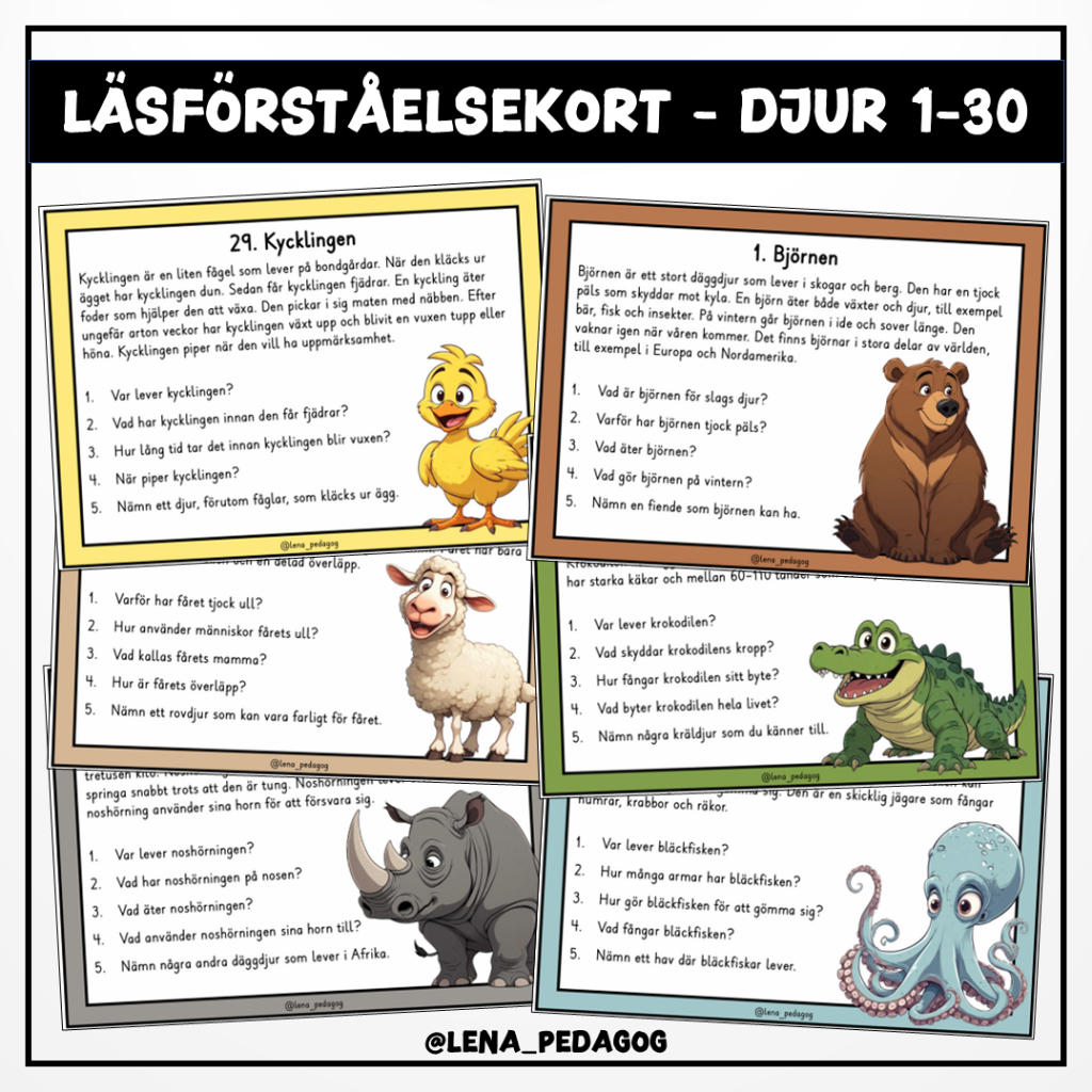 Läsförståelsekort – djur 1-30