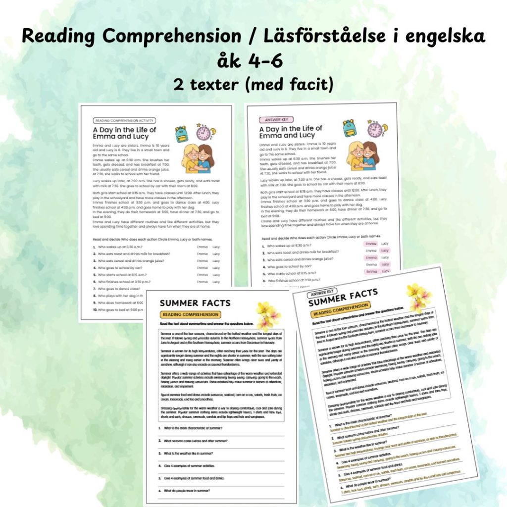 Reading Comprehension / Läsförståelse i engelska åk 4–6 – 2 texter (med facit)