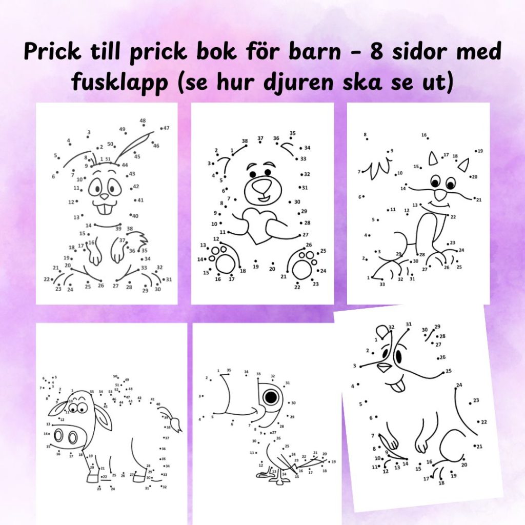 Prick till prick bok för barn – 8 sidor med fusklapp (se hur djuren ska se ut)