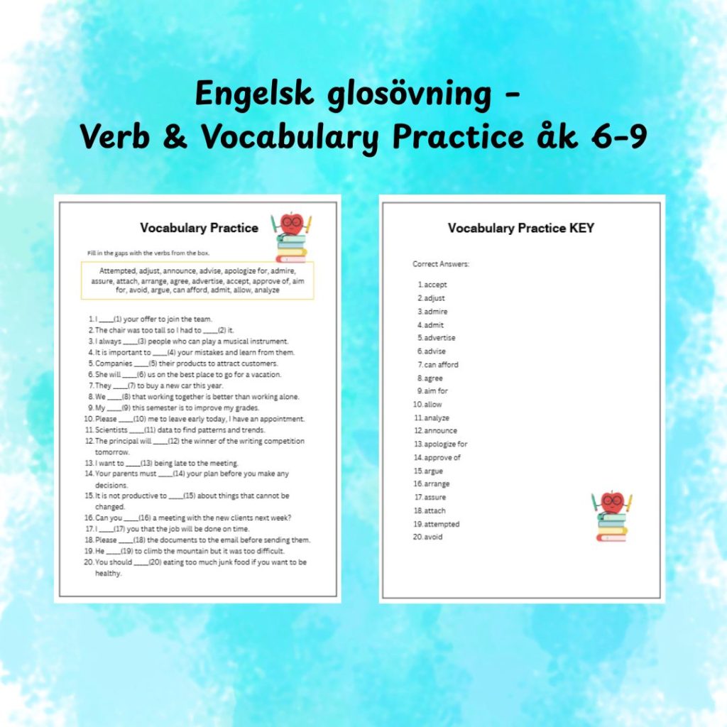 Engelsk glosövning – Verb & Vocabulary Practice åk 6–9 (med facit)
