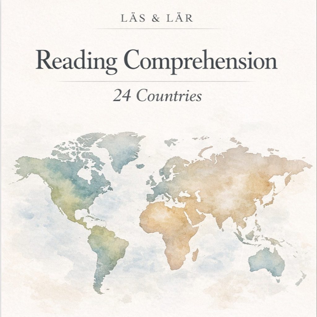Läsförståelse engelska åk 4–6 – 24 texter om länder (Countries) med frågor och facit