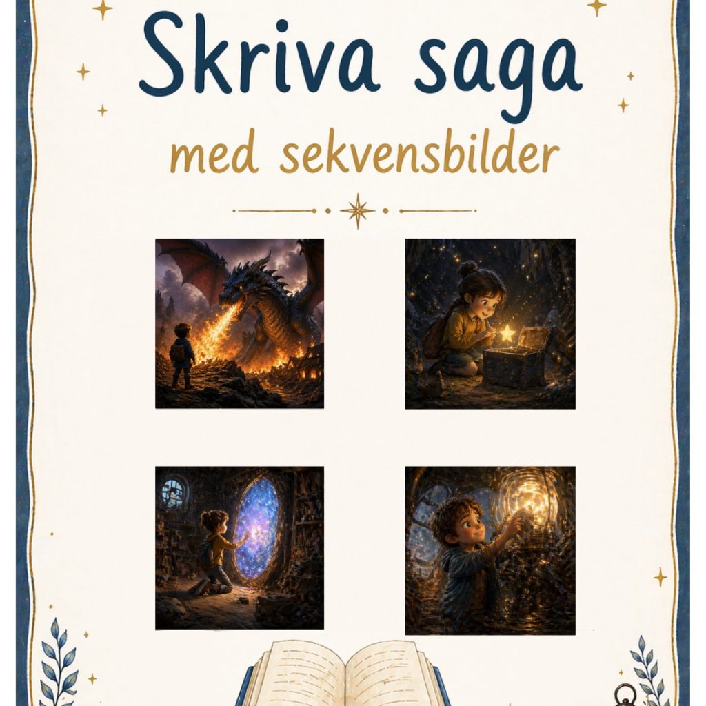 Skriva egna sagor med bildstöd. Början, problem, lösning och avslut. Olika nivåer.
