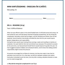 Mini-kartläggning engelska åk 6 – Reading, writing & grammar (Höst)
